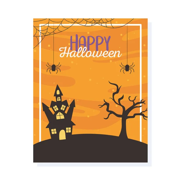 Halloween heureux, araignées château sec arbre tour ou traiter fête affiche — Image vectorielle