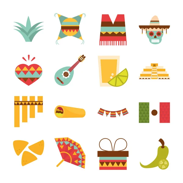 Ícones mexicanos definir decoração celebração cultura festiva design plano — Vetor de Stock