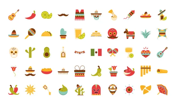 Icônes mexicaines ensemble célébration de la décoration fête folk country plat design — Image vectorielle