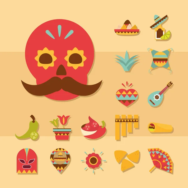 Mexicaanse pictogrammen set decoratie viering feestelijke schedel traditionele platte ontwerp — Stockvector