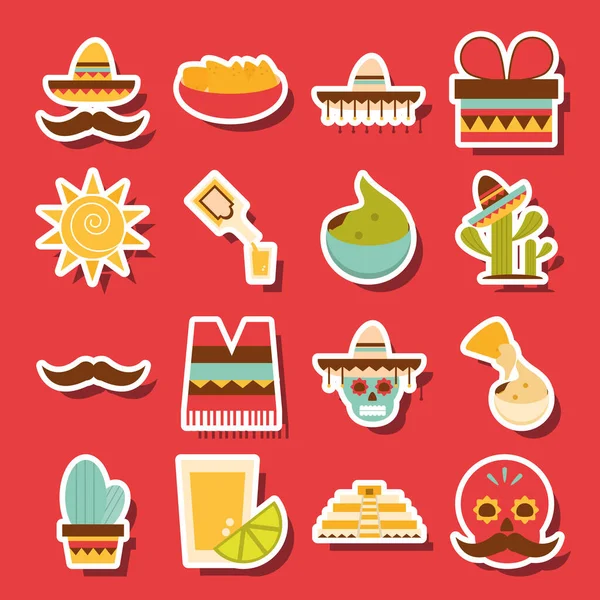 Ícones mexicanos conjunto decoração celebração festivo vermelho fundo plano design — Vetor de Stock