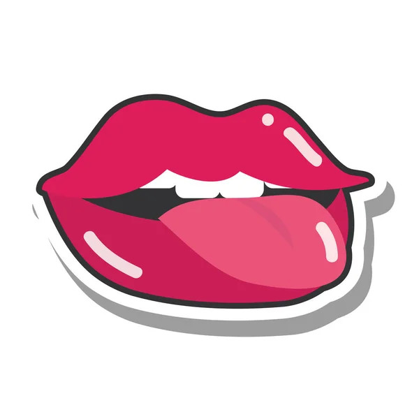 Pop art mouth and lips, sexy women lips tongue out retro style, line and fill icon — Stock Vector