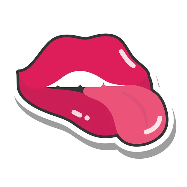 Boca de arte pop e lábios, língua de boca cheia feminino para fora, linha e ícone de preenchimento —  Vetores de Stock