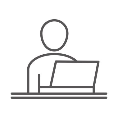 Dizüstü bilgisayarı olan iş adamı, iş bürosu, satır simgesi tasarımı