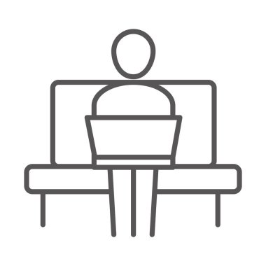 İş adamı koltukta dizüstü bilgisayarla oturuyor, iş bürosu, çizgi ikonu tasarımı