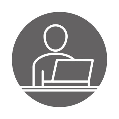 Dizüstü bilgisayarı olan iş adamı, iş bürosu, blok ve satır simgesi