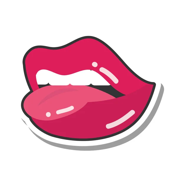 Pop art mond en lippen, sexy mond bijten tong, lijn en vul pictogram — Stockvector