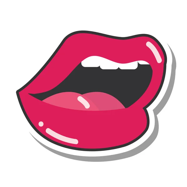 Boca de arte pop e lábios, abrir sexy lábios vermelhos molhados com dentes, linha e ícone de preenchimento —  Vetores de Stock