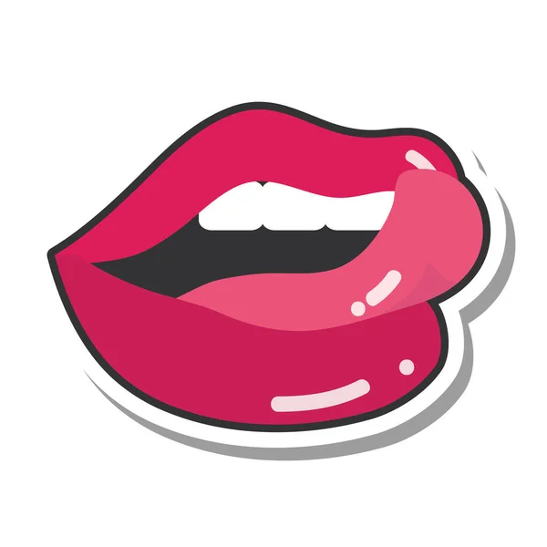 Pop art bocca e labbra, sexy leccare labbra, linea e riempire l'icona — Vettoriale Stock