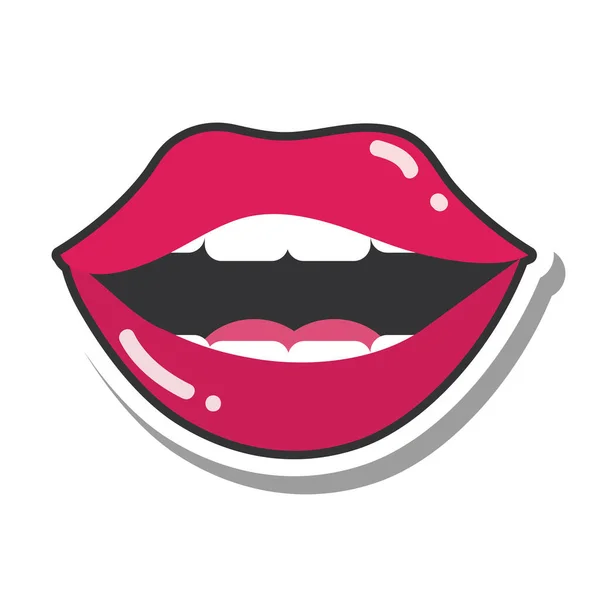 Pop art ústa a rty, otevřená ústa zuby ženské rty, linka a výplň ikona — Stockový vektor