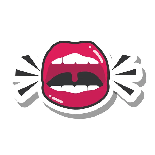 Pop art mouth and lips, sexy open female mouth screaming, line and fill icon — Stock Vector