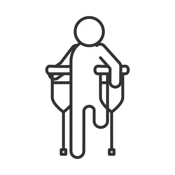Niepełnosprawny amputowany z kulami, dzień niepełnosprawności, ikona liniowa — Wektor stockowy
