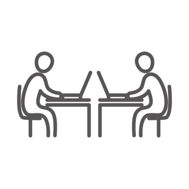 Çalışma masalarında dizüstü bilgisayar kullanan iş adamları, ofis çalışma alanı, satır simgesi tasarımı