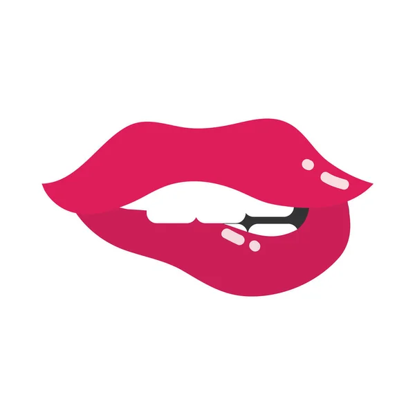 Boca de arte pop e lábios, mordendo seus lábios vermelhos, design de ícone plana —  Vetores de Stock