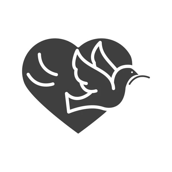 Duif met tak hart liefde, mensenrechten dag, silhouet icoon ontwerp — Stockvector