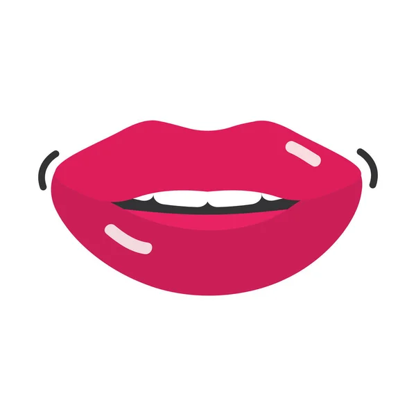 Pop art mond en lippen, vrouwen mond sexy sticker, platte pictogram ontwerp — Stockvector