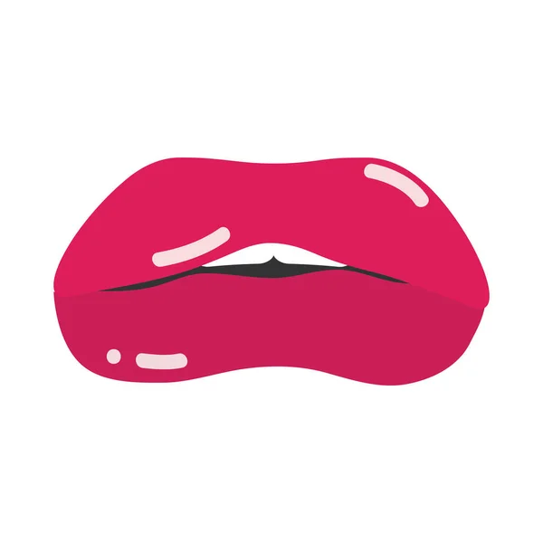 Boca de arte pop e lábios, lábios inchados vermelhos, design de ícone plano —  Vetores de Stock