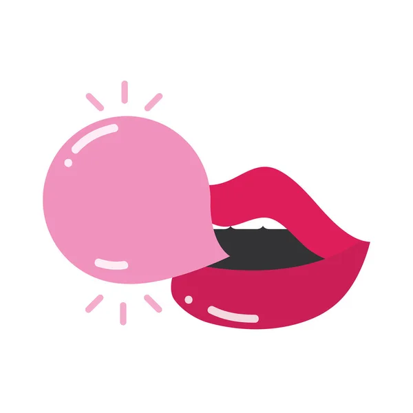 Boca de arte pop e lábios, boca sexy com goma de bolha design de ícone plana — Vetor de Stock