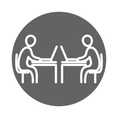 Çalışma masalarında dizüstü bilgisayar kullanan iş adamları, ofis çalışma alanı, blok ve satır simgesi