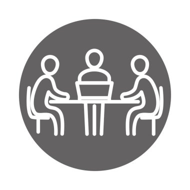 Bilgisayarlı insanlarla tanışmak, ofis iş yerindeki iş ortaklığı, blok ve satır simgesi