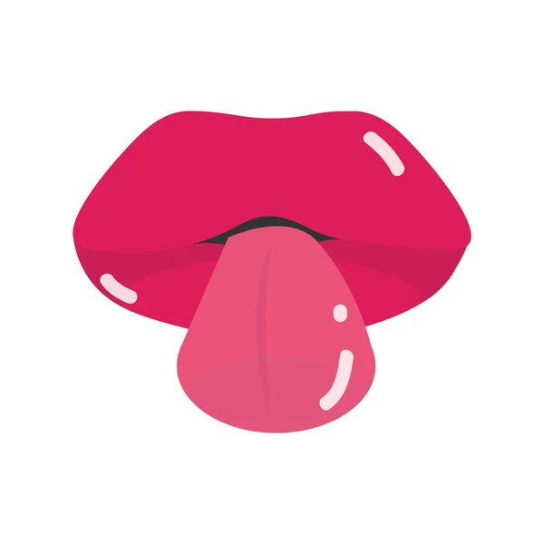 Boca de arte pop e lábios, lábios femininos grande língua para fora, design de ícone plana —  Vetores de Stock