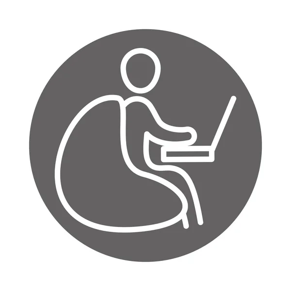 Hombre de negocios sentado usando el ordenador portátil, oficina de trabajo de negocios, icono de bloque y línea — Archivo Imágenes Vectoriales