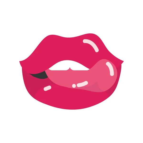 Arte pop boca y labios, labios sexy y la punta de la lengua, diseño de icono plano — Vector de stock