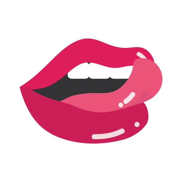 Arte pop boca y labios, labios lamiendo sexy, diseño de icono plano — Archivo Imágenes Vectoriales