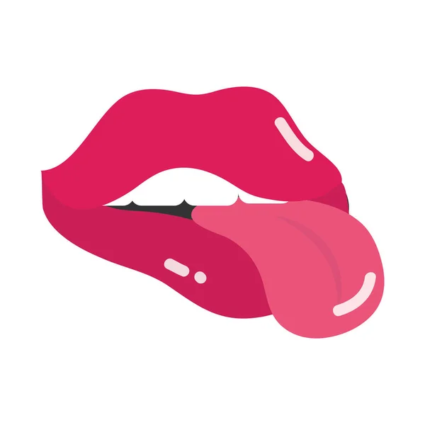 Pop art boca y labios, lengua boca llena femenina hacia fuera, diseño de icono plano — Archivo Imágenes Vectoriales