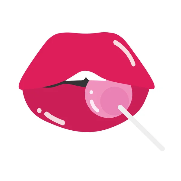 Pop konst mun och läppar, sexig mun med godis i pinne, platt ikon design — Stock vektor