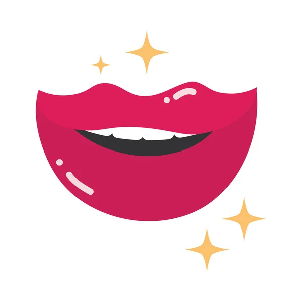 Boca de arte pop e lábios, desenhos animados estrelas da boca feminina brilhante, design de ícone plana — Vetor de Stock