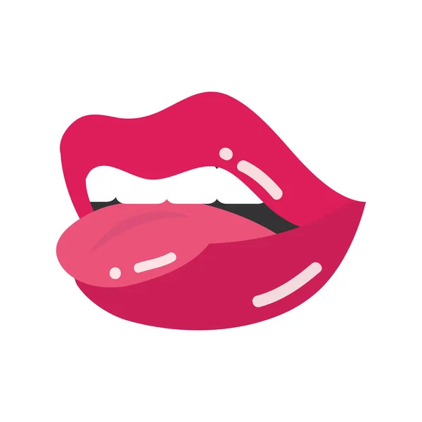 Arte pop boca y labios, lengua mordedura boca sexy, diseño de icono plano — Archivo Imágenes Vectoriales