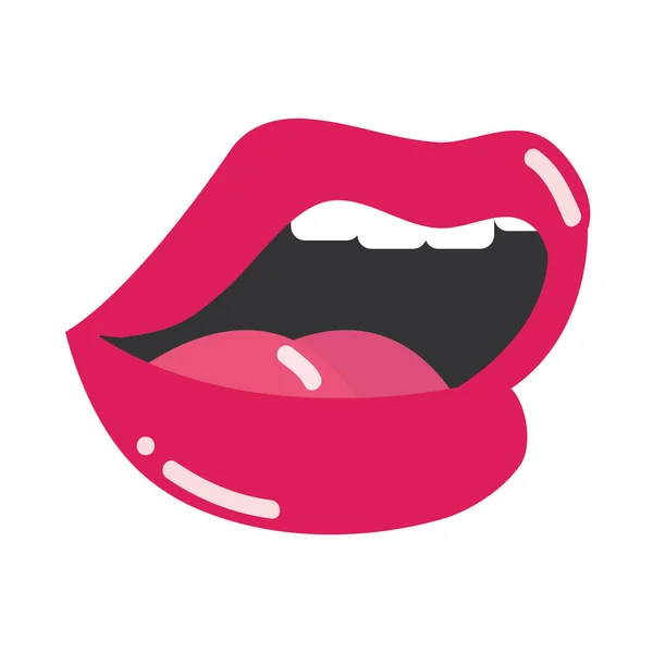 Pop art mouth and lips, open sexy wet red lips with teeth, flat icon design — Stock Vector