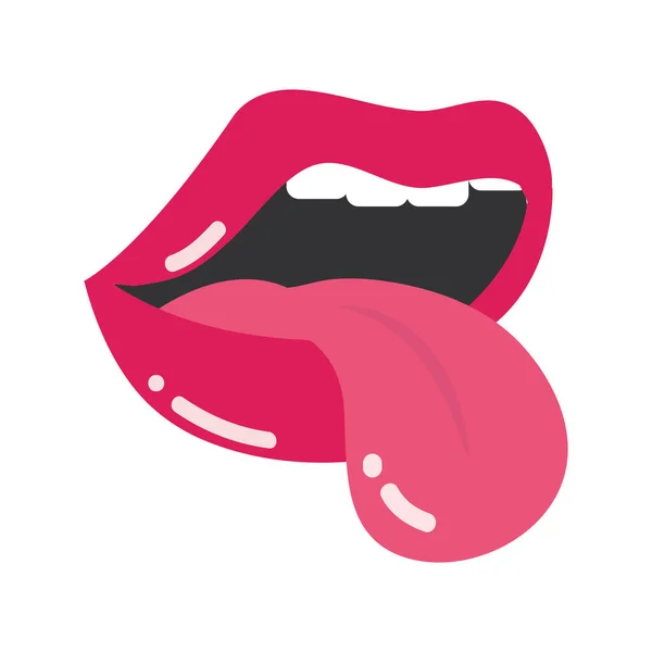 Pop art boca y labios, dibujos animados labios rojos y togue hacia fuera, diseño de icono plano — Archivo Imágenes Vectoriales