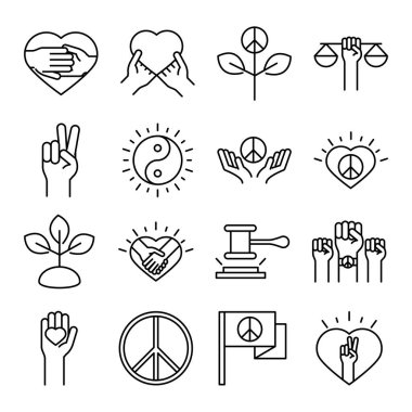 İnsan hakları günü, çizgi simgeleri dizayn edildi, kalp yin yang barış elleri dahil