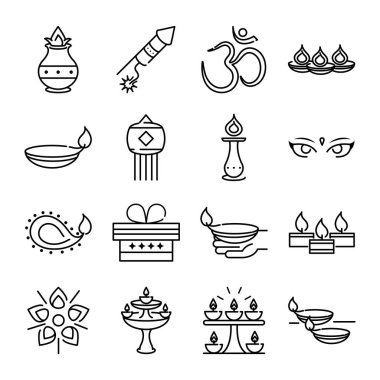 Mutlu diwali Hindistan Festivali, Deep avali dini etkinliği, çizgi tarzı ikonlar vektörü
