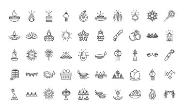 Mutlu diwali Hindistan festivali, deep avali dini kutlamaları olay çizgisi tarzı ikonlar