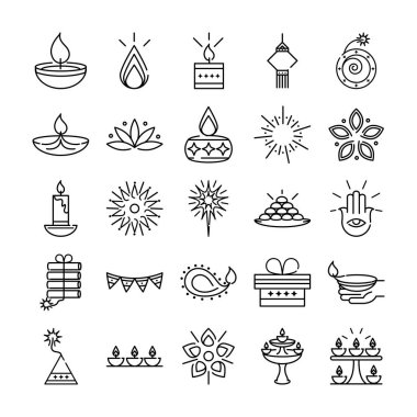 Mutlu diwali Hindistan festivali, deep avali din dekorasyon tarzı ikonlar vektörü