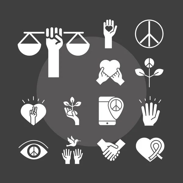 День прав человека, линия иконы набор дизайн, в том числе сердца инь Янь мирный закон руки черный фон — стоковый вектор