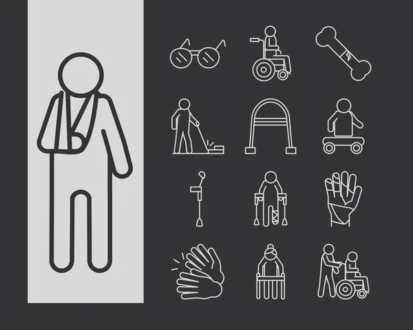 Világ fogyatékosság nap, lineáris ikonok beállítása fekete háttér — Stock Vector