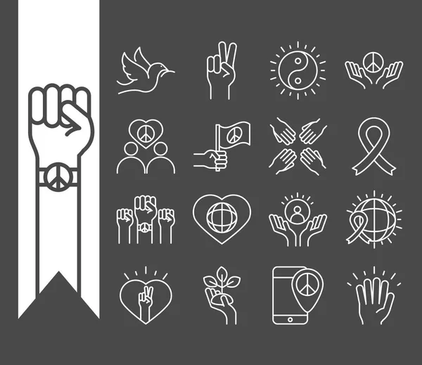 День прав людини, дизайн набору іконок лінії, включений піднятий ручний голуб мир стрічки серце — стоковий вектор