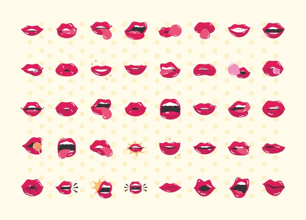 Pop art boca y labios, labios femeninos cómicos conjunto con un beso, sonrisa, lengua, dientes, diseño de icono plano — Archivo Imágenes Vectoriales