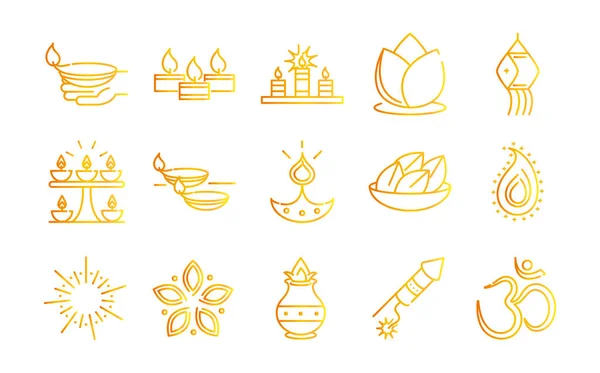 Glücklich diwali india festival, deepavali religion event gradient style icons collection vektor — Stockvektor