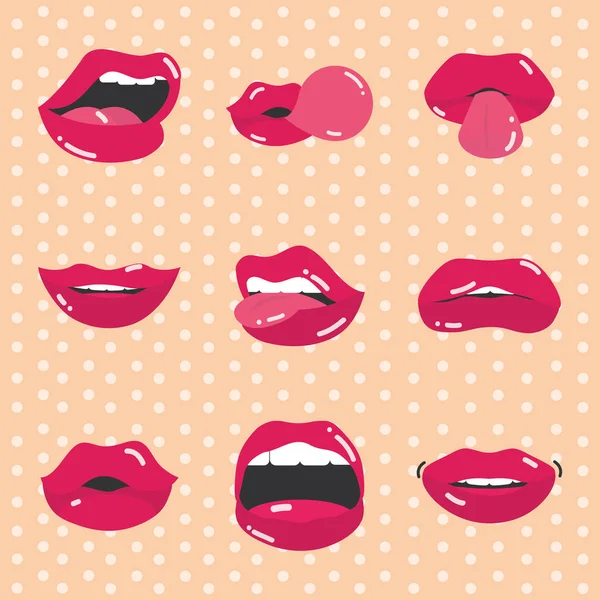Поп-арт рот и губы, женские сексуальные красные губы с зубами, плоский дизайн значков пунктирным фоном — стоковый вектор