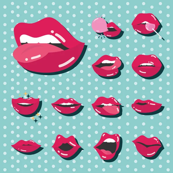 팝 아트 입과 입술의 섹시 한 다른 표현은 납작 한 아이콘 디자인을 설정 합니다. — 스톡 벡터