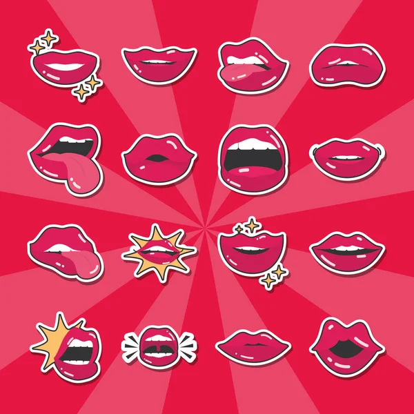 Поп-арт рот и губы сексуальные различные выражения установить линию и заполнить иконку — стоковый вектор