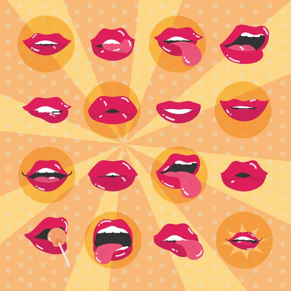 팝 아트 여성 섹시 한 입과 입술, 일출 된 배경, 납작 한 아이콘 디자인 — 스톡 벡터