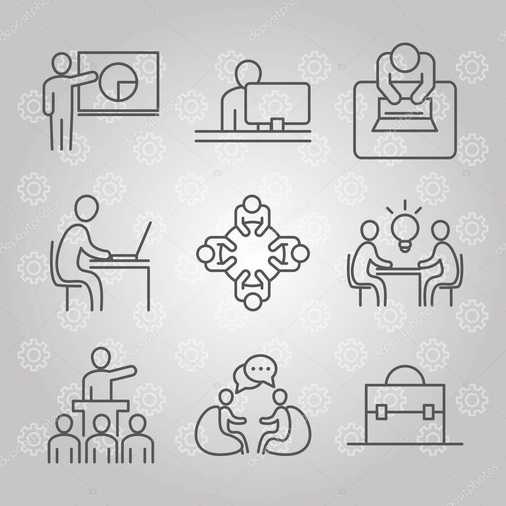 coworking office business workspace presentation laptop meeting, line icons design