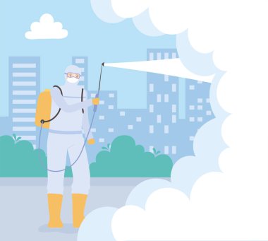 Virüs dezenfeksiyonu, koruyucu kıyafetli işçi temizlik ürünlerini dezenfekte ediyor, koronavirüs önleyici ölçü.