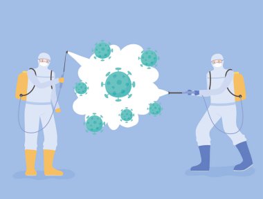 Virüs dezenfeksiyonu, covid 19 coronavirüs, tehlikeli madde giysileri içindeki tıp bilimcileri, temizleme ve koronavirüs hücrelerini dezenfekte etme.